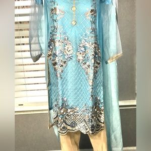 Pakistani Indian 3-pcs suit fancy sky blue kameez trouser Dupatta LG 2-a…
